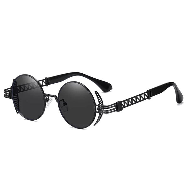 Nero Edge round steampunk metal sunglasses in jet black with double-blade accents and laser-cut detail