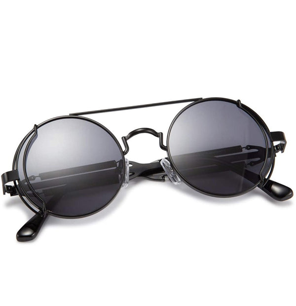 Nero Vapor jet black steampunk sunglasses — frame construction detail