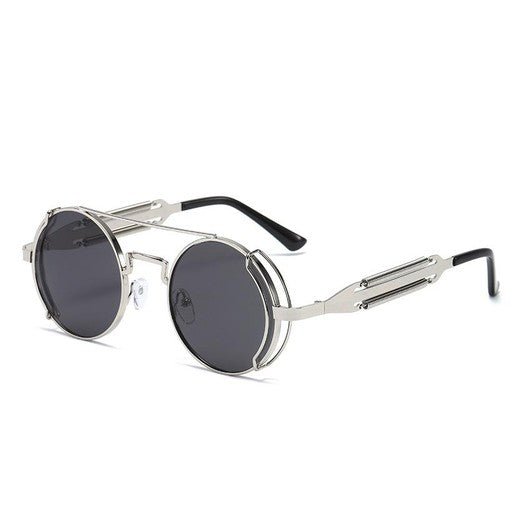 Nero Vapor round retro steampunk sunglasses in silver with Victorian-inspired side shields