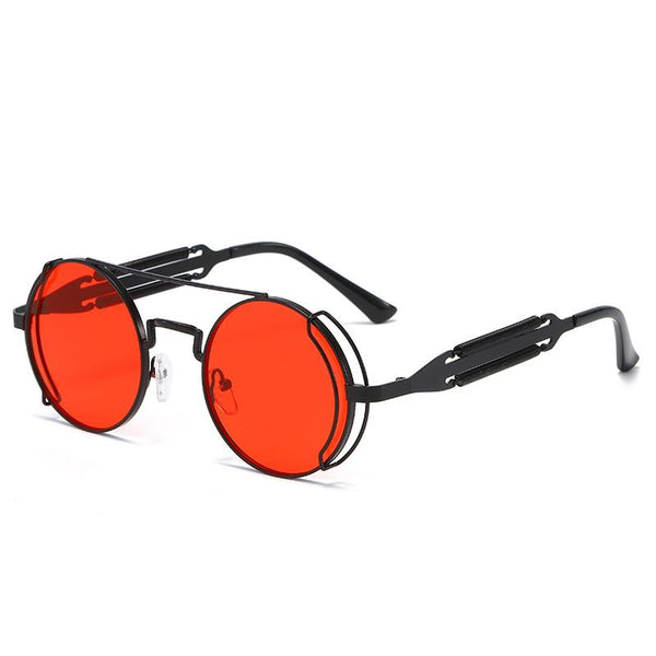 Nero Vapor round retro steampunk sunglasses with jet black frame and fire red lenses, Victorian-inspired side shields