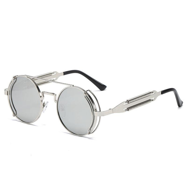Nero Vapor round retro steampunk sunglasses with silver frame and mirrored lenses, Victorian-inspired side shields
