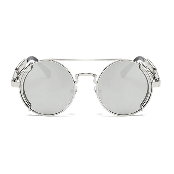 Nero Vapor silver and mirrored-lens steampunk sunglasses — alternate angle view