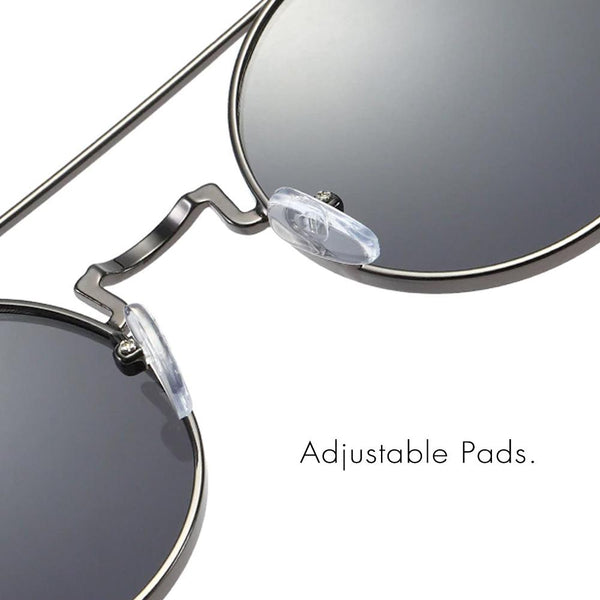 Nero Vapor silver and rose-lens steampunk sunglasses — lens and bridge close-up