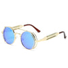 Nero Vapor round retro steampunk sunglasses with gold frame and ice blue lenses, Victorian-inspired side shields