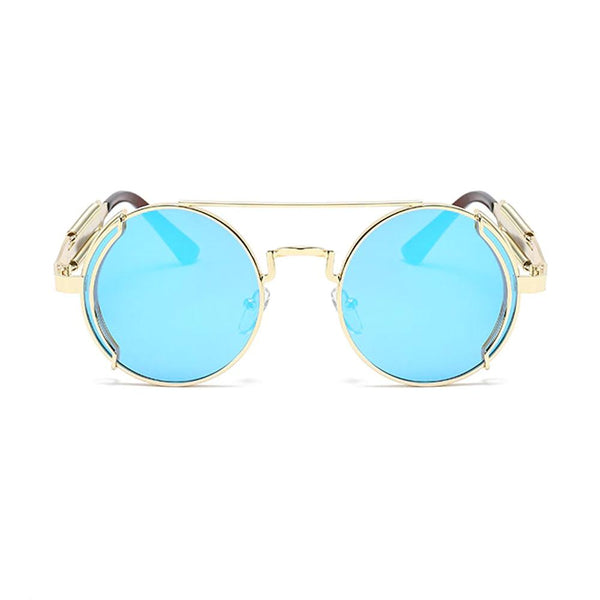 Nero Vapor gold and ice-blue lens steampunk sunglasses — alternate angle view