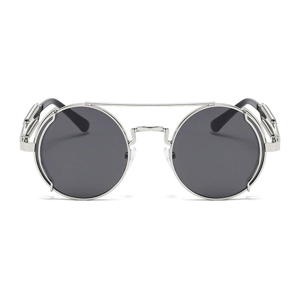 Nero Glass Store Retro Steampunk Sunglasses with round dark lenses and silver metal frame