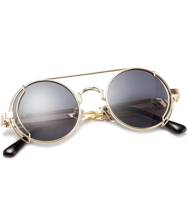 Nero Vapor gold and midnight-black steampunk sunglasses — frame construction detail