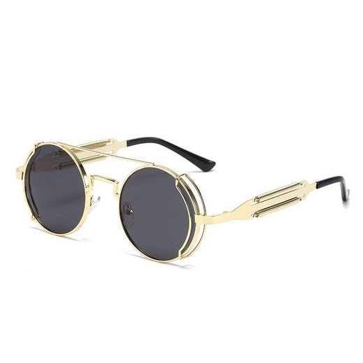 Nero Vapor round retro steampunk sunglasses with gold frame and midnight black lenses, Victorian-inspired side shields
