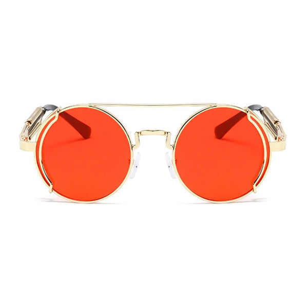 Nero Vapor gold and fire-red steampunk sunglasses — alternate angle view