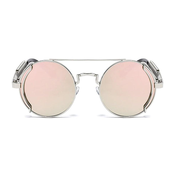 Nero Vapor silver and rose-lens steampunk sunglasses — alternate angle view